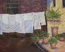 Load image into Gallery viewer, A Fresh Start - original oil painting, laundry, landscape, architecture, home, flowers, plants, tree