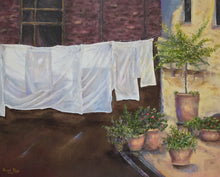 Load image into Gallery viewer, A Fresh Start - original oil painting, laundry, landscape, architecture, home, flowers, plants, tree