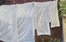 Load image into Gallery viewer, A Fresh Start - original oil painting, laundry, landscape, architecture, home, flowers, plants, tree