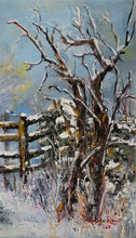 Load image into Gallery viewer, Cardinal at the Gate - Original oil painting snow landscape cardinal bird gate winter nature one of a kind trees scenery canvas wall home decor seasons art artwork