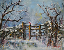 Load image into Gallery viewer, Cardinal at the Gate - Original oil painting snow landscape cardinal bird gate winter nature one of a kind trees scenery canvas wall home decor seasons art artwork