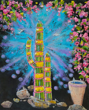 Load image into Gallery viewer, El Encanto - original oil painting cactus saguaro flowers bougainvillea birds doves quail desert southwestern southwest whimsical colorful landscape art