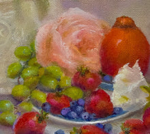 Load image into Gallery viewer, Foxtail and Fruit - original still life oil painting, fruit, foxtail fern, strawberries, blueberries, grapes, orange
