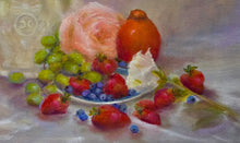 Load image into Gallery viewer, Foxtail and Fruit - original still life oil painting, fruit, foxtail fern, strawberries, blueberries, grapes, orange