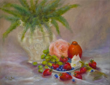 Load image into Gallery viewer, Foxtail and Fruit - original still life oil painting, fruit, foxtail fern, strawberries, blueberries, grapes, orange