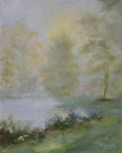 Load image into Gallery viewer, Lake Mist - Original landscape oil painting on canvas, flowers, trees