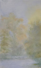 Load image into Gallery viewer, Lake Mist - Original landscape oil painting on canvas, flowers, trees