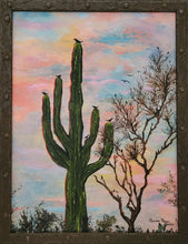 Load image into Gallery viewer, Confluence - original oil painting, landscape, sunset, desert, birds, cactus, saguro, tree, palo verde, Arizona, clouds, nature, wall decor, art, home, interior decorating