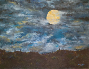 Blue Moon Over Arizona - Original oil painting moon landscape desert Arizona night sky clouds blue moon southwestern southwest canvas one of a kind astronomy gift