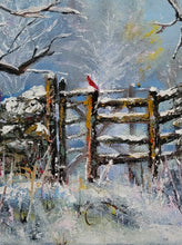 Load image into Gallery viewer, Cardinal at the Gate - Original oil painting snow landscape cardinal bird gate winter nature one of a kind trees scenery canvas wall home decor seasons art artwork
