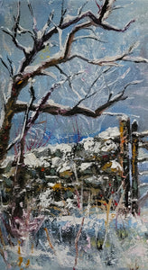 Cardinal at the Gate - Original oil painting snow landscape cardinal bird gate winter nature one of a kind trees scenery canvas wall home decor seasons art artwork