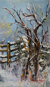 Cardinal at the Gate - Original oil painting snow landscape cardinal bird gate winter nature one of a kind trees scenery canvas wall home decor seasons art artwork