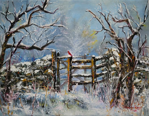 Cardinal at the Gate - Original oil painting snow landscape cardinal bird gate winter nature one of a kind trees scenery canvas wall home decor seasons art artwork