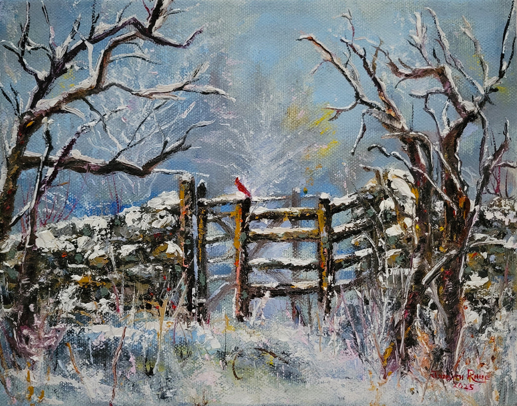 Cardinal at the Gate - Original oil painting snow landscape cardinal bird gate winter nature one of a kind trees scenery canvas wall home decor seasons art artwork