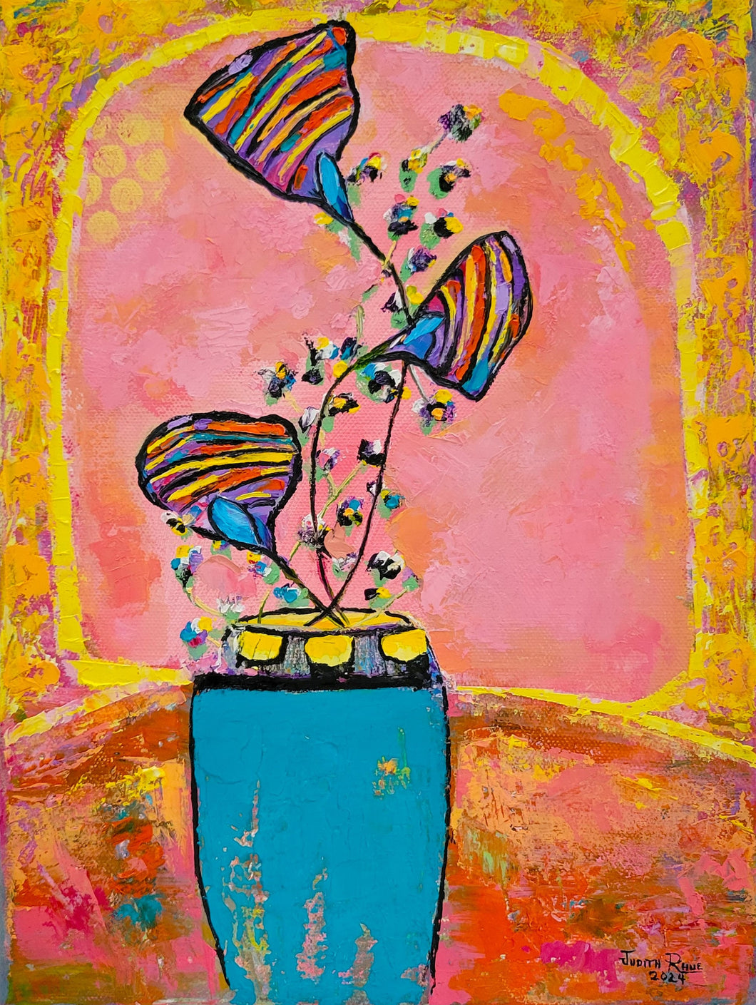 Color Pops - abstract painting flowers floral vase colorful unique one of a kind wall home decor contemporary modern canvas oil painting artwork plant