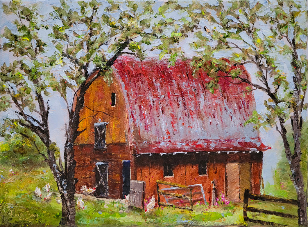 Early Morning Harmony - original oil painting landscape chickens barn farm country trees farmer chicken one of a kind thick paint impasto canvas wall art home decor