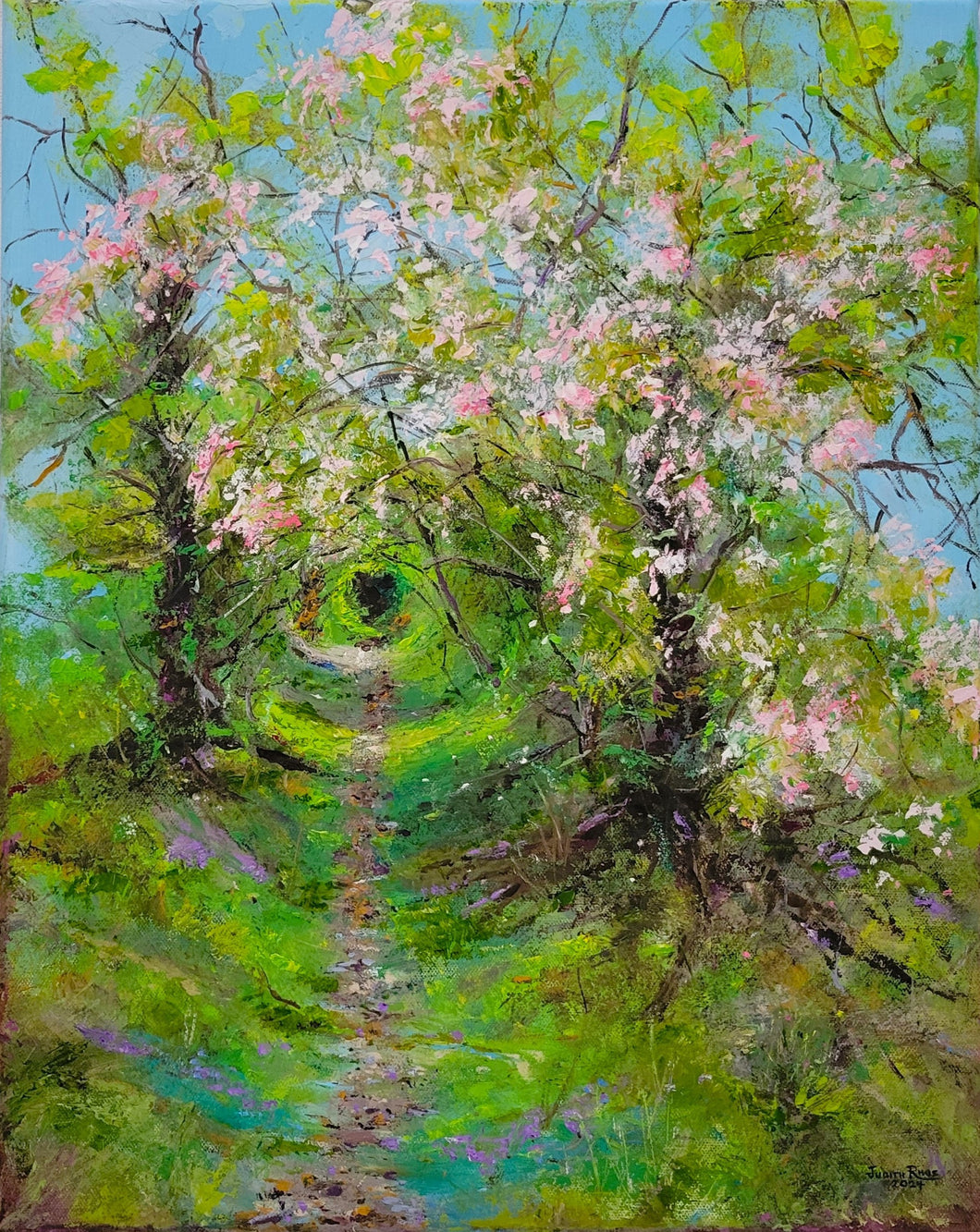 Heart of the Thicket - original oil painting landscape flowers flowering trees enchanted nature path canvas wall heart home decor one of a kind unique gift scenery