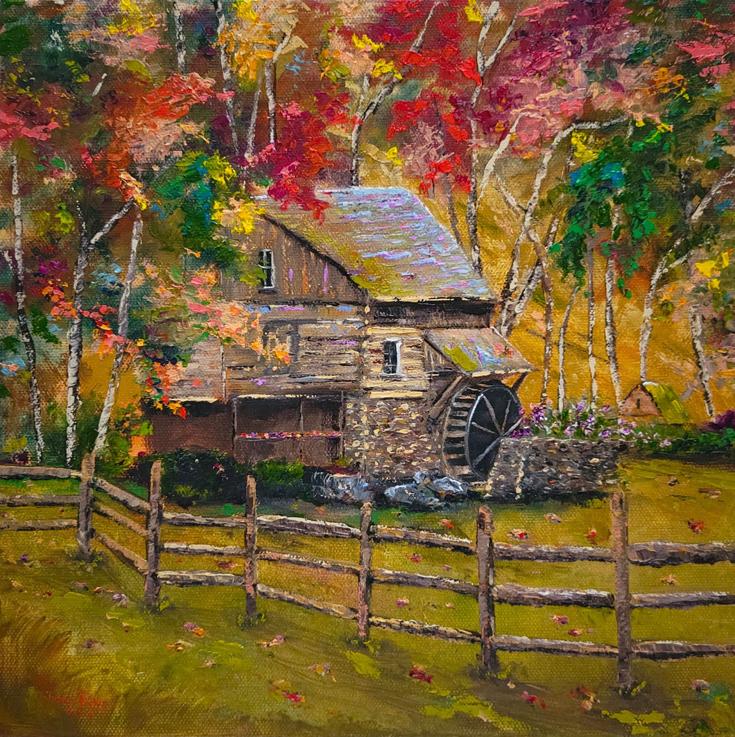 Nestled in Autumn - Original oil painting landscape autumn fall mill watermill country house home trees leaves seasons canvas one of a kind artwork wall decor