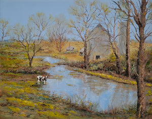 Private Oasis - original oil painting landscape farm cow cows barn country pond nature trees scenery animal one of a kind home decor canvas wall artwork
