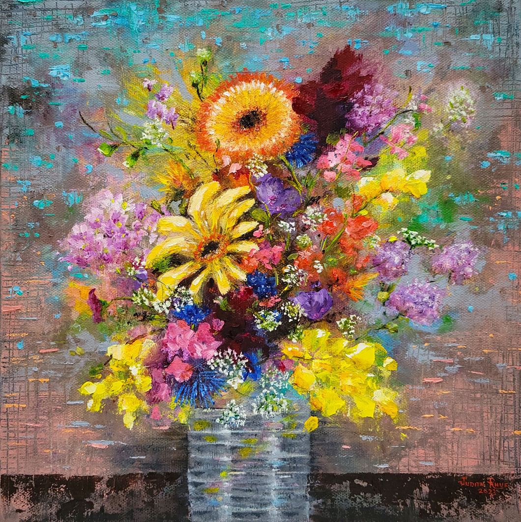 Robin's Garden Flowers - original oil painting flowers floral colorful unique bouquet still life canvas one of a kind wall home garden art flower paintings decor USA