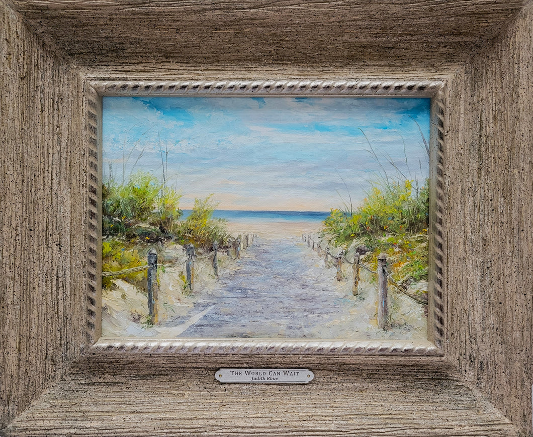 The World Can Wait - Framed original oil painting coastal seascape landscape paintings beach sand sea nature ocean one of a kind canvas sunrise sunset clouds peaceful