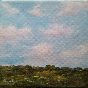 As Clouds Roll By - original oil painting, landscape, abstract, clouds, cloud, blue, sky, nature, trees, field, peace, country, countryside, rural, small, home, wall, decor, art