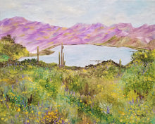 Load image into Gallery viewer, Bartlett Lake in Spring - original oil painting, landscape, cactus, saguaro, southwest, desert, oil painting, lake, Bartlett Lake, Arizona, flowers, decor, framed
