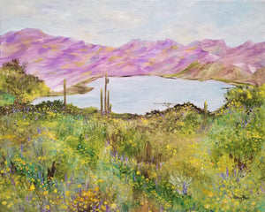 Bartlett Lake in Spring - original oil painting, landscape, cactus, saguaro, southwest, desert, oil painting, lake, Bartlett Lake, Arizona, flowers, decor, framed