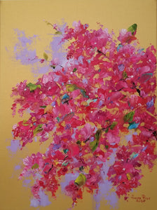 Bougainvillea on Gold - original oil painting, flowers, bougainvillea, pink, gold, floral, garden, nature, painting, oil painting, home decor, wall art, on canvas, art