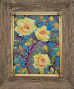 Carefree Days - framed original oil painting cactus flowers desert Arizona plant prickly pear yellow blooming flower southwest southwestern canvas signed paintings