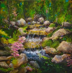 Carry On - original oil painting landscape stream waterfalls woods nature forest flowers trees rocks water canvas paintings home living decor wall art