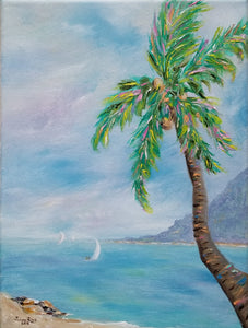 Coconut Flavor - original oil painting, beach, island, palm tree, landscape, oil painting, sail boat, tropical, framed, painting, on canvas, coconut, tree, wall decor, wall art, home decor