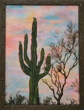 Load image into Gallery viewer, Confluence - original oil painting, landscape, sunset, desert, birds, cactus, saguro, tree, palo verde, Arizona, clouds, nature, wall decor, art, home, interior decorating
