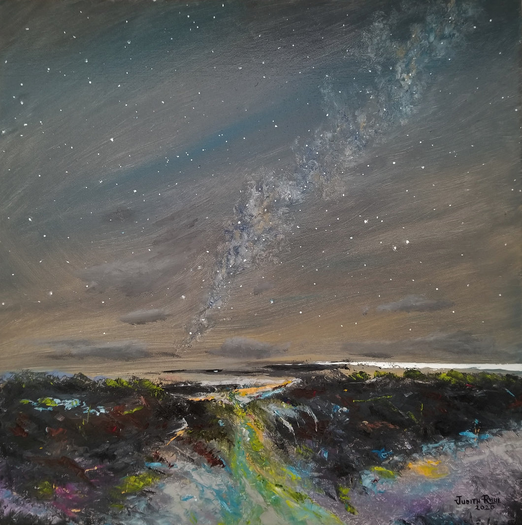 Connecting Realms - original oil painting, landscape, abstract, night sky, stars, clouds, milky way, waterfall, astronomy, wall, home, decor, canvas, dusk, art