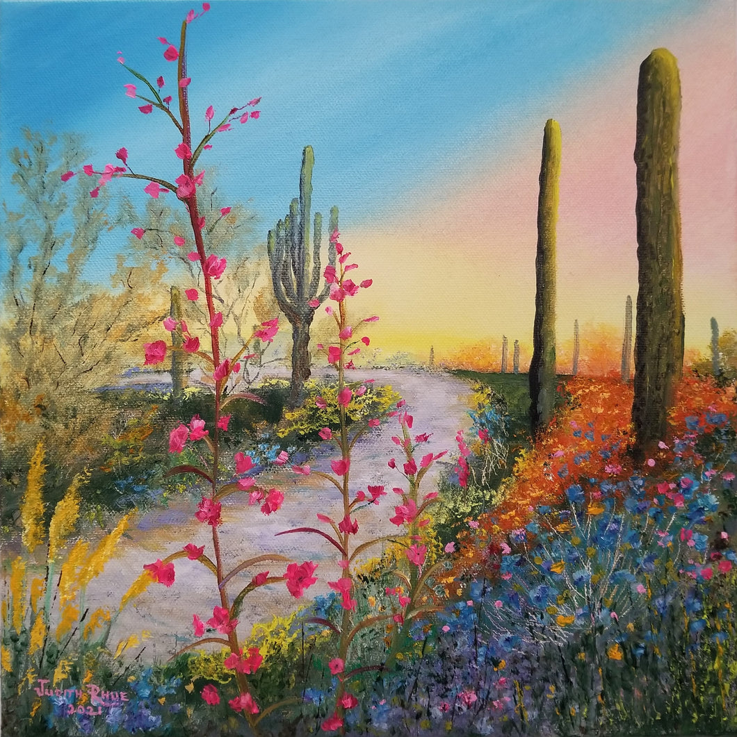 Continual Miracle - original oil painting desert landscape flowers cactus saguaro daybreak sunrise sun miracle garden Southwest Arizona decor canvas signed art