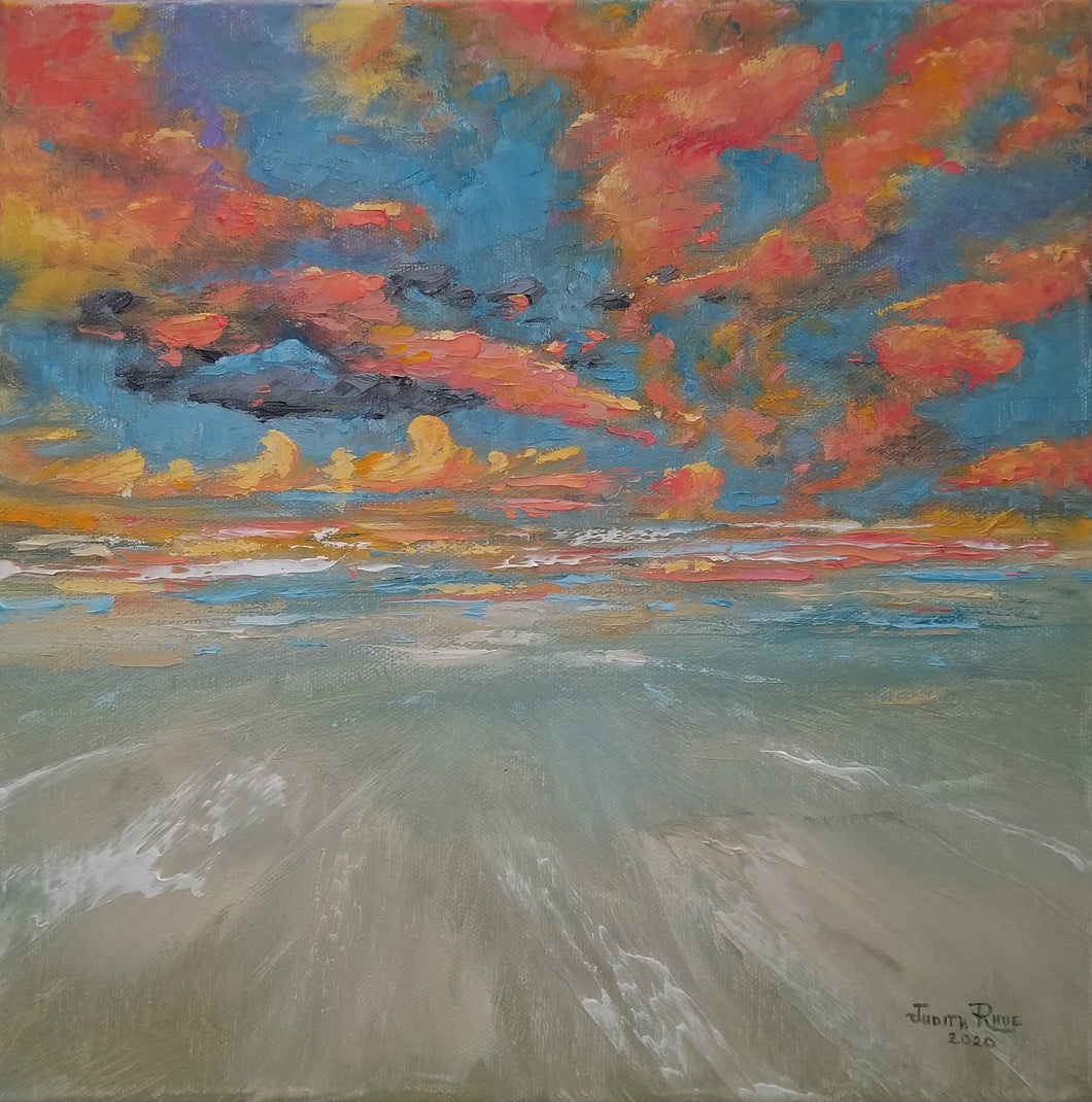 Coral Clouds - original oil painting, beach, clouds, landscape, coral, colorful, shore, beaches, wall art, home decor, canvas, sand, sea, seascape, unique