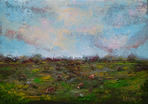 Cows in the Field - original oil painting cows landscape cow cattle farm country clouds field animals animal small canvas wall art home decor gift nature unique