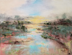 Delaware Daybreak - original oil painting, landscape, sunrise, pond, nature, trees, wilderness, coastal, preserve, clouds, sun, colorful, canvas, wall decor, art