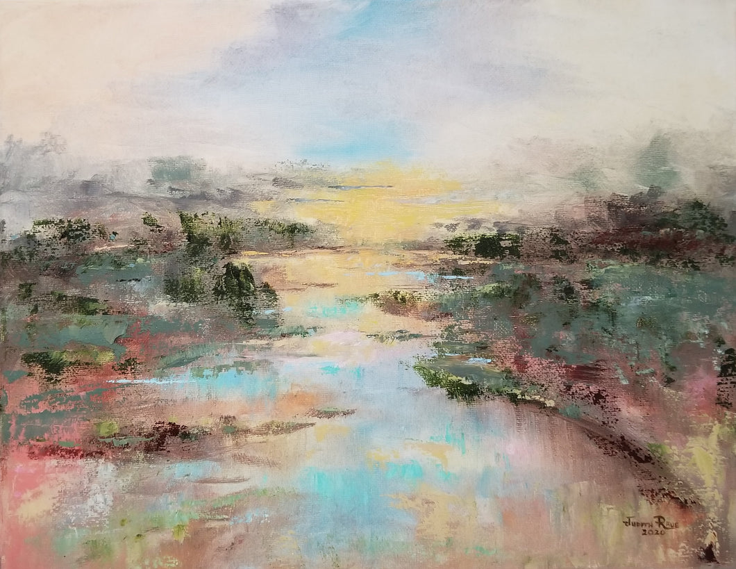 Delaware Daybreak - original oil painting, landscape, sunrise, pond, nature, trees, wilderness, coastal, preserve, clouds, sun, colorful, canvas, wall decor, art