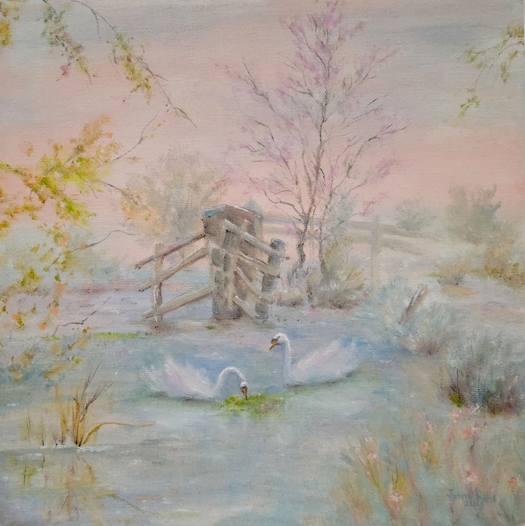 Devoted - original oil painting swan landscape swans birds pond lake canvas couple nature marriage one of a kind paintings artwork art love romance us