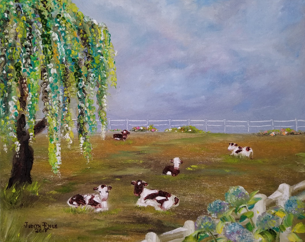 Do Not Disturb - original oil painting, cows, landscape, painting, cow, animals, oil painting, hydrangea, flowers, farm, nature, clouds, painitng, on canvas, wall art, home decor