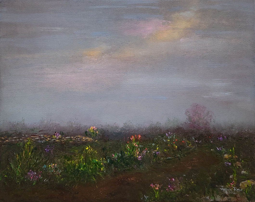 Early Blooms at Dawn - original oil painting landscape flowers garden floral clouds morning dawn canvas gardener one of a kind handmade art artwork wall home decor