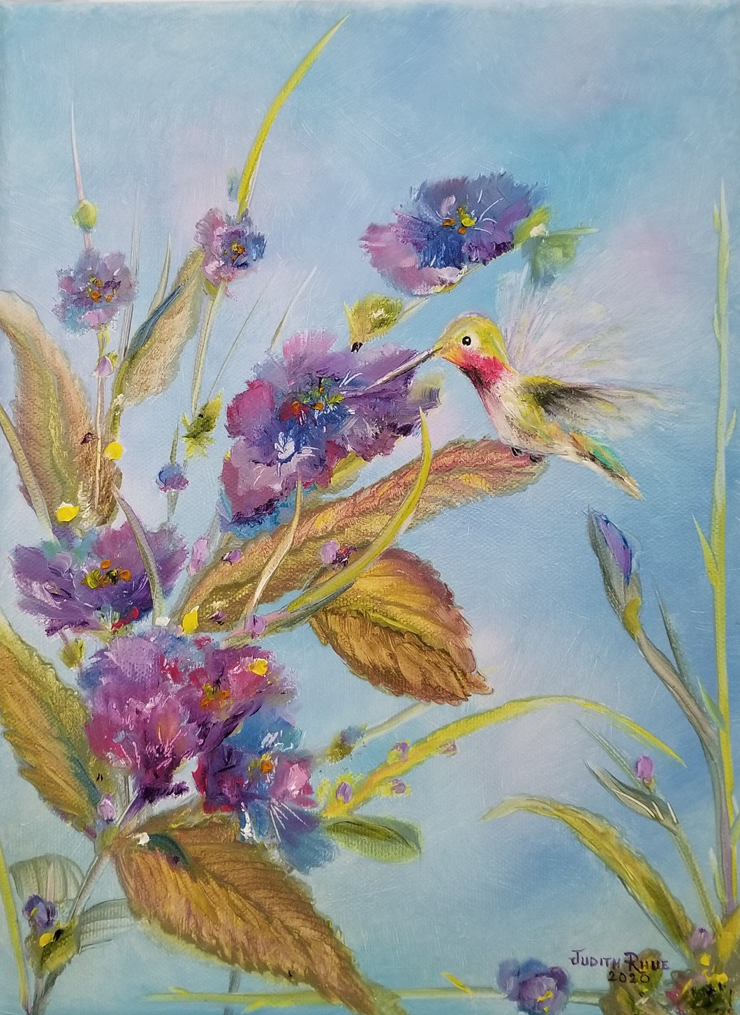 Evanescent Visitor - original oil painting, hummingbird, bird, flowers, garden, landscape, hummingbirds, birds, animals, sky, floral, flower, on canvas, wall art, home decor