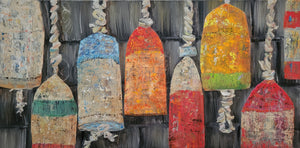 Floats & Ropes - original oil painting floats buoys ropes coastal beach fisherman sea ocean colorful unique home living decor still life art nautical boat US