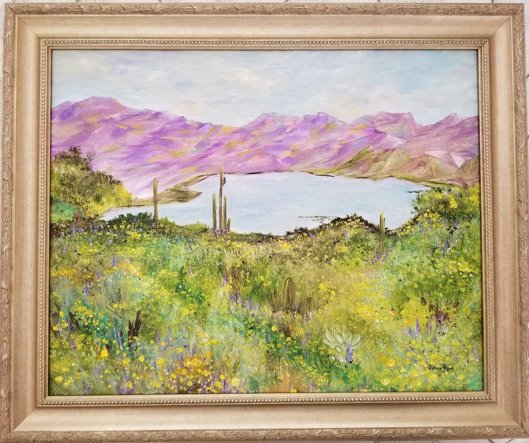 Bartlett Lake in Spring - original oil painting, landscape, cactus, saguaro, southwest, desert, oil painting, lake, Bartlett Lake, Arizona, flowers, decor, framed