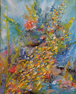 Free Style - original oil painting, fish, underwater, sea, ocean, mermaid, seaweed, colorful, unique, home, wall, decor, art