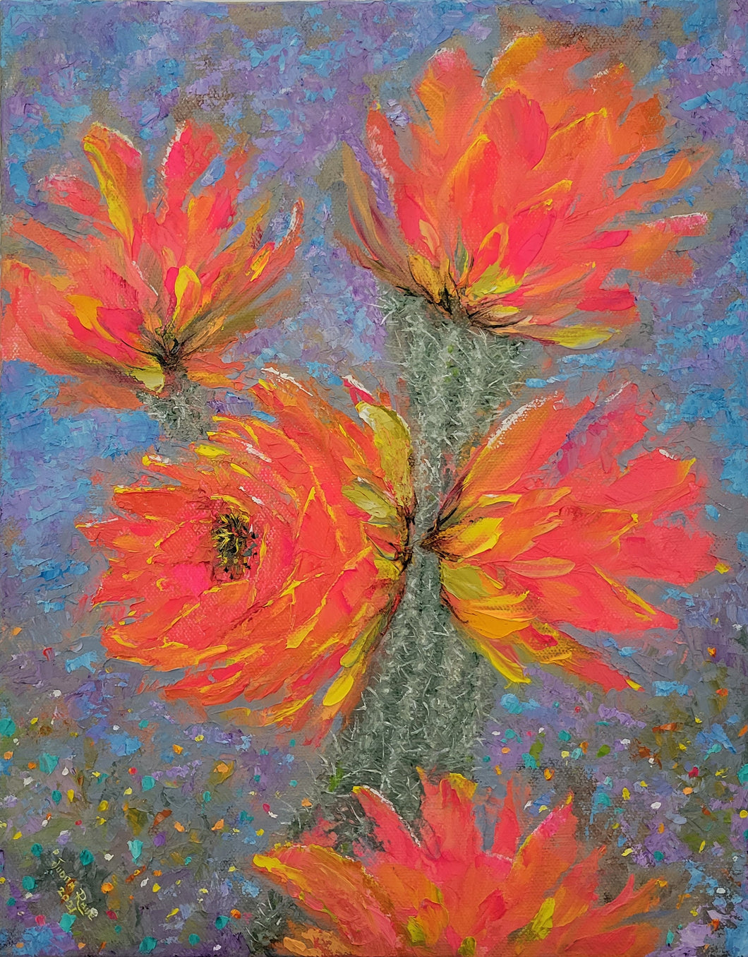 Good Time Celebration - original oil painting cactus flowers floral bright colors colorful desert plant party celebration confetti canvas wall art southwest southwestern home living decor