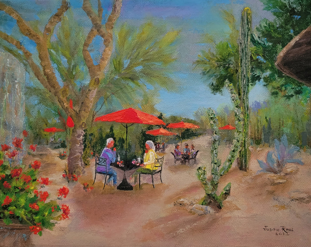 Grotto Luncheon - original oil painting landscape restaurant cafe people umbrellas outdoor dining couple desert southwestern southwest colorful cactus signed