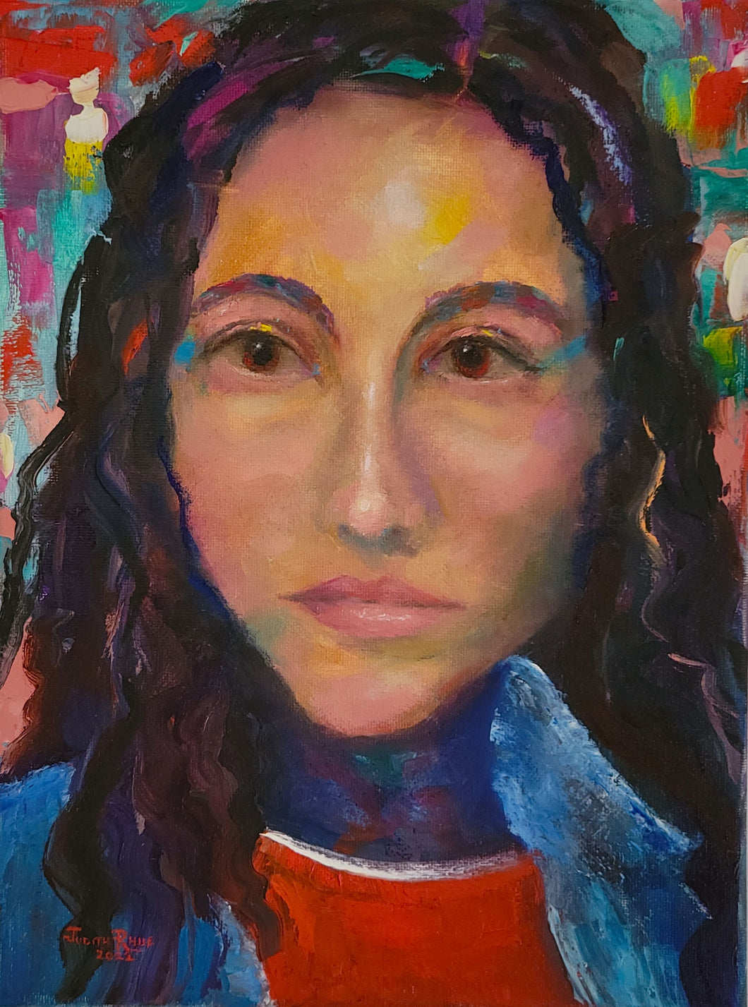 Her Decision - original oil painting portrait woman female colorful unique canvas signed artwork art home living decoration artitstic modern contemporary