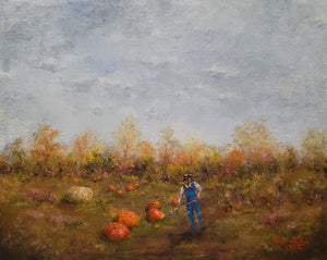 In Autumn - original oil painting autumn landscape pumpkin painting farm pumpkin farmer fall seasons gourds pumpkins hay bale trees field oil on canvas